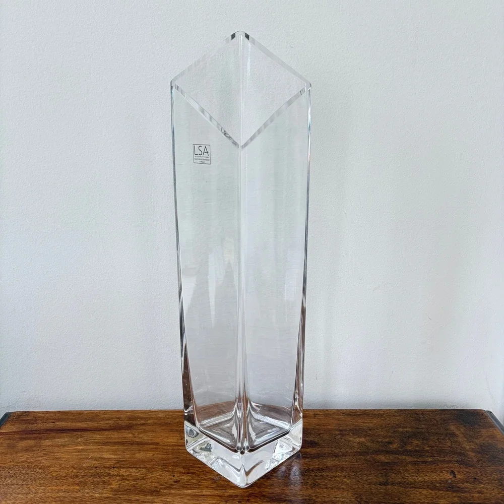 LSA International Handblown Clear Glass Square Vase 15.5 Inch Tall Geometric
